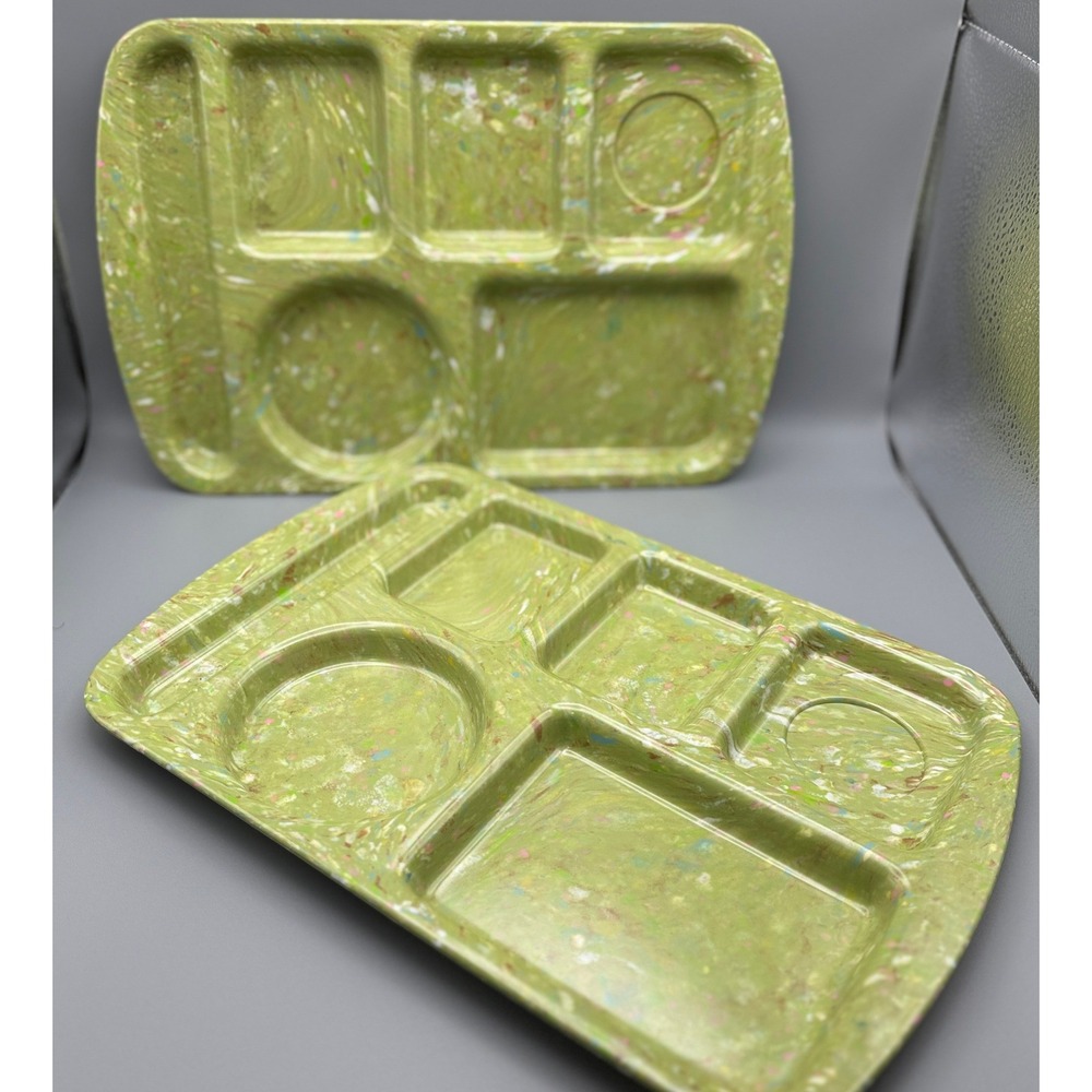 Prolon Ware Melmac School Lunch Tray Set 2 Green Confetti Vintage Excellent